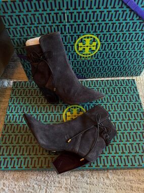 Tory Burch Dark Gray Suede Pointed Ankle Booties